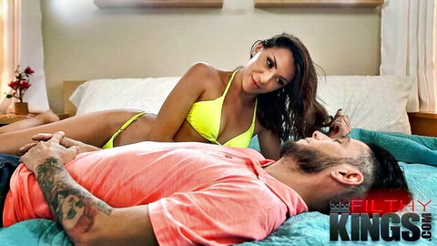 Hot Latina in yellow bikini teases stepdaddy on bed, intimate taboo moment