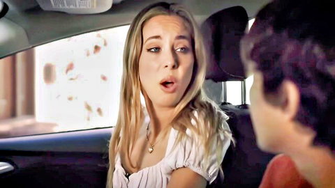 Blonde hot mom surprised in car conversation with young guy, white off-shoulder top