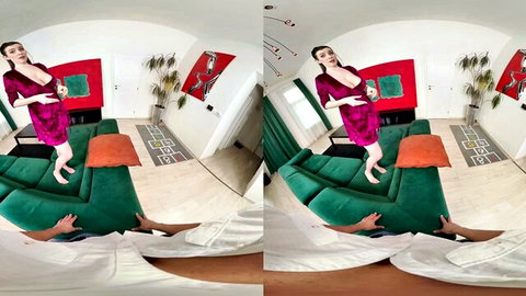 Tanned curvy MILF with huge tits bent over green couch taking cock doggy style VR POV