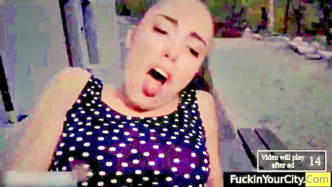 Shaved head beauty with big tits in polka dot top, tongue out tease