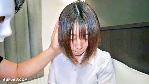 Masked man grabs young Japanese schoolgirl's head in rough adult scene