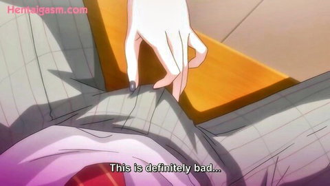 Hentai anime girl hand teasing inside boy's pants in school scene