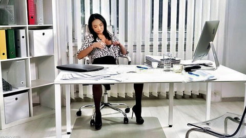 Asian beauty unbuttoning blouse at desk, natural perfection tease