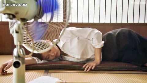Japanese woman asleep in open white shirt and skirt on tatami, countryside JAV