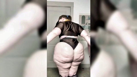 Curvy black BBW in sheer lingerie bending to show massive jiggling ass