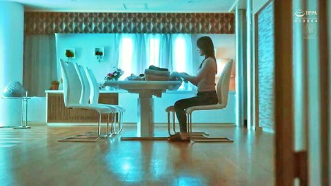 Asian woman in low-cut white top leaning forward at table, cheating wife JAV thumbnail