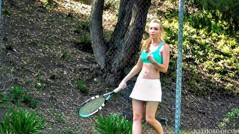 Kayden Kross sexy tennis outfit, athletic blonde in sports bra and mini skirt