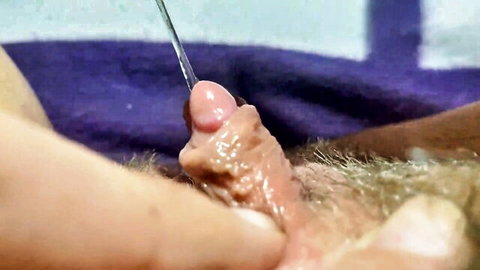 Close-up of erect cock with thin metal rod inserted in urethra held by hand
