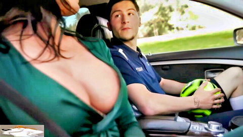 Reagan Foxx as soccer mom seducing boy in car, deep cleavage in green dress