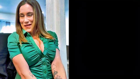 Blonde MILF in low-cut green blouse shows deep cleavage moaning with pleasure
