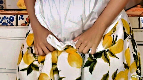 Lana Rhoades teasing solo in white lemon dress, lifting skirt alluringly
