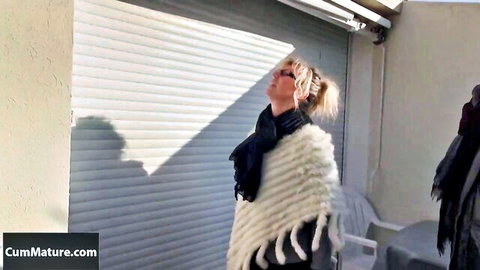 Marina Beaulieu classy blonde MILF in fluffy shawl and scarf, sunny afternoon pose