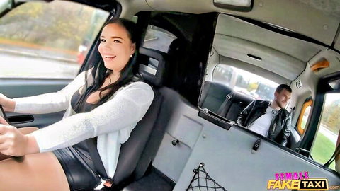 Hot brunette taxi driver in short skirt teases passenger in Fake Taxi