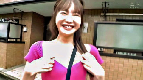 Ichika Matsumoto smiling in pink off-shoulder dress, outdoor tease