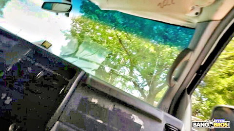 Bang Bus van interior dashboard with trees visible through tinted windows