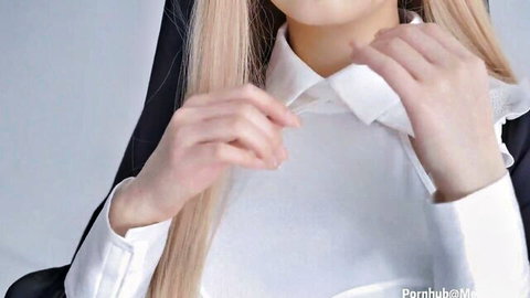 MeeHuTao as sexy nun in habit, long blonde hair, teasing confession pose
