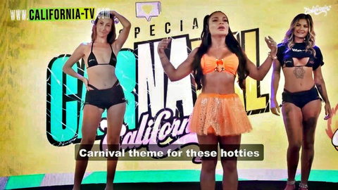 Sexy Latina hotties in skimpy Carnival bikinis flaunting curves and tits on stage