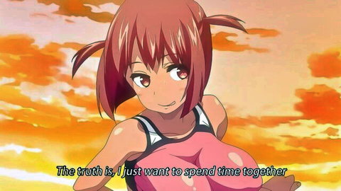 Busty hentai girl with massive tits straining pink tank top smiles cutely at sunset