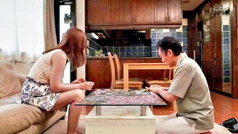 Japanese wife in floral skirt puzzles intimately with father-in-law, JAV incest tease
