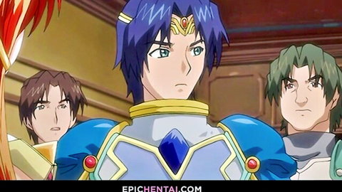 Princess Lotte in blue fantasy armor with two male attendants in hentai scene