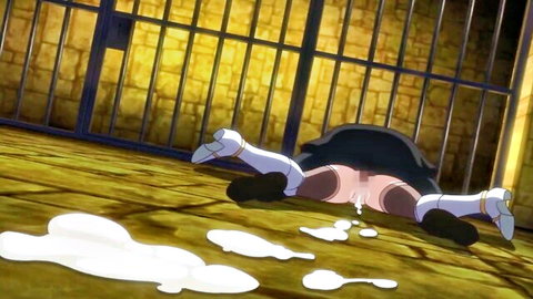 Hentai girl in prison cell with skirt up cum dripping from shaved pussy after creampie fuck