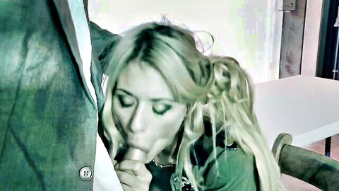Blonde babe sucking thick cock in office blowjob closeup