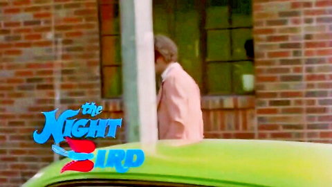 Vintage 1977 Night Bird adult film thumbnail: pink-suited figure by green car near window
