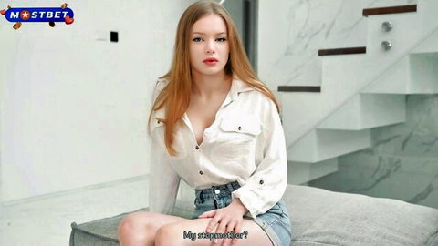 Diana Rider teasing in open white shirt and denim shorts, blonde hair and cleavage