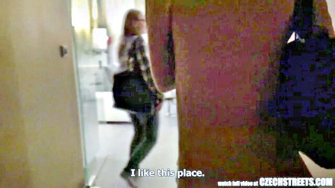 Brunette teen in plaid shirt eyes public restroom with suited guy before Czech streets fuck