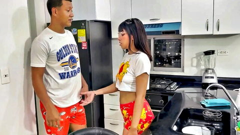 Saraymike in flirty kitchen tease with boyfriend, crop top and shorts