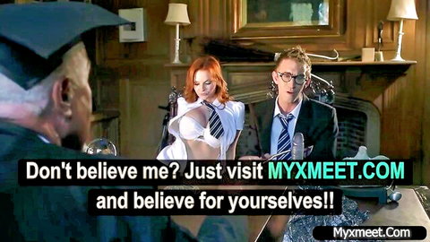 Redhead schoolgirl in tied blouse and skirt teases with older professor and nerdy student