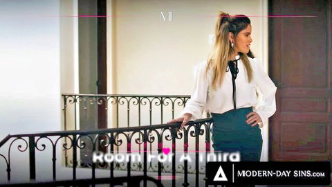 Blonde Jesse Pony in white blouse and black skirt on balcony, Modern Day Sins