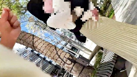 POV outdoor flashing by busty Asian wife in light dress, JAV style