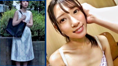 Japanese woman in plaid dress outdoors and smiling in white lingerie close-up