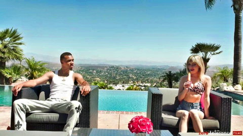 Blonde Demi in red bikini with hung Lawson Jones poolside