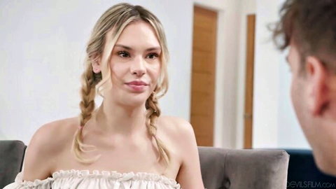 Dylan Moore blonde in pigtails, seductive off-shoulder top DevilsFilm thumbnail