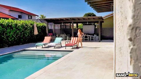 Busty blonde neighbor in striped bikini by the pool, POV tease