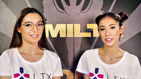Rocco Siffredi with two smiling Asian MILFs in white tees, big natural tits