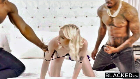 Petite blonde cheats with two huge BBCs in steamy threesome