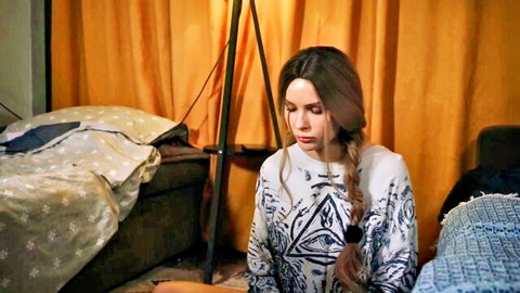 Poshspicy in cozy white sweater and braid, seductive bedroom gaze