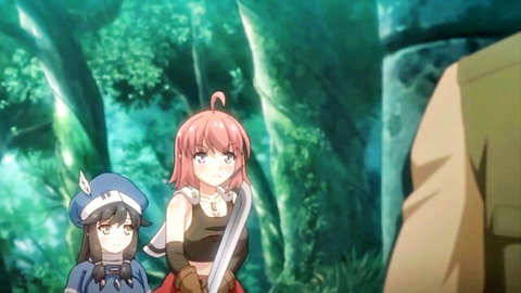 Busty pink-haired elf adventurer with sword and companion in forest, hentai style