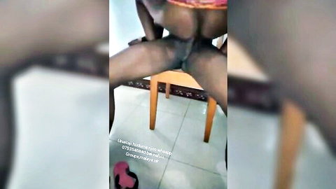 Tanzanian babe spreads legs wide on chair for huge cock pussy penetration