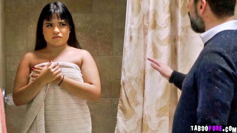Summer Col in towel facing butler Tommy Pistol in taboo bathroom scene