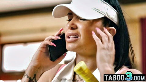 Petite Asian teen Kimmy Kimm in tennis visor and outfit on phone call