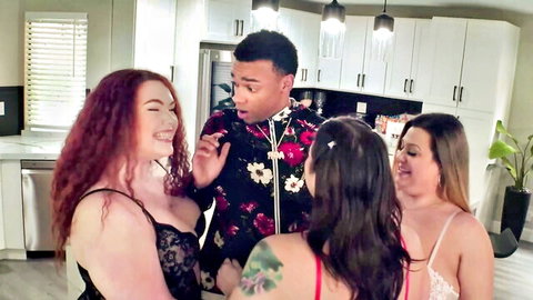 Curvy redhead BBW and friends in lingerie flirt with delivery driver