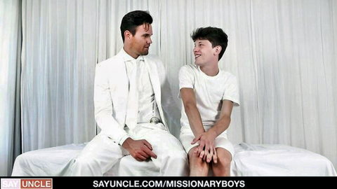 Mature Latino man in white suit touched intimately by young twink in shorts