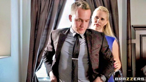 Blonde MILF Karen Fisher seduces suited Bill Bailey in blue dress, Brazzers