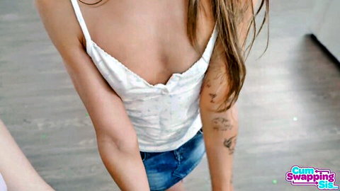 Molly Little and Nikki Nicole stepsisters in tank top and shorts tease