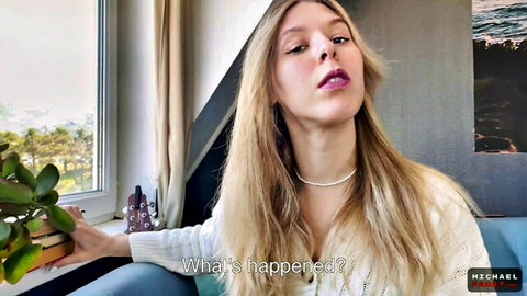 Ash-blonde stepmom in white sweater teases with curious gaze