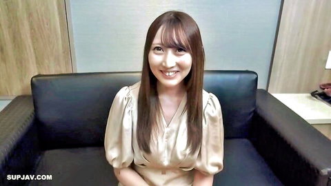 Haruka Utsumi smiling in elegant beige blouse, seductive solo pose